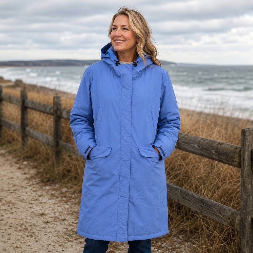 Lands' End Long Hooded Parka Polartec Lined Size L Blue Coat